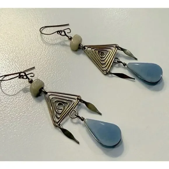Artisan Geometric Silver Toned Dangle Spiral Triangle Blue Chalcedony - Picture 8 of 9